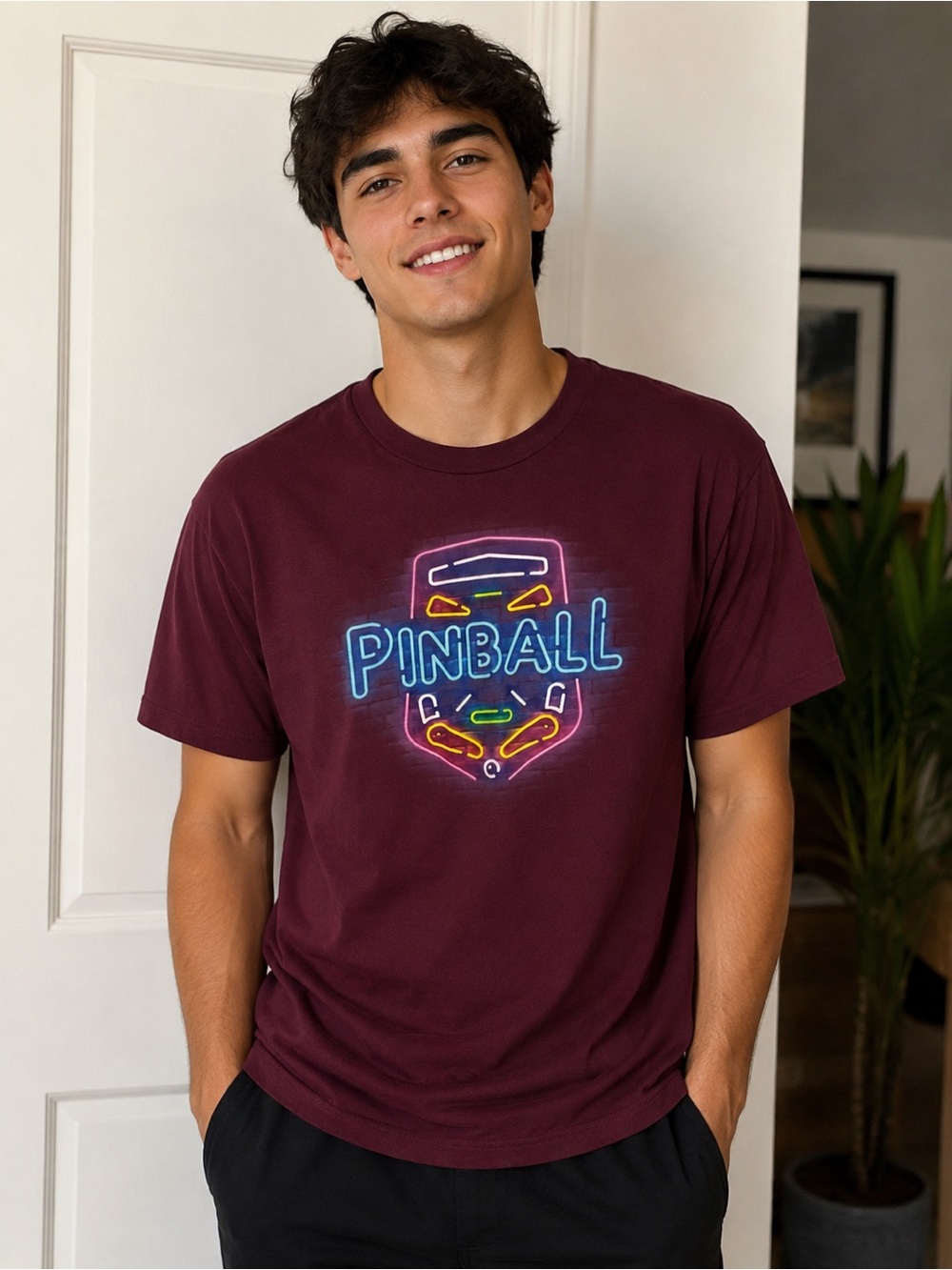 Port & Company Men’s Medium Pinball Graphic T-Shirt Burgundy Neon Retro